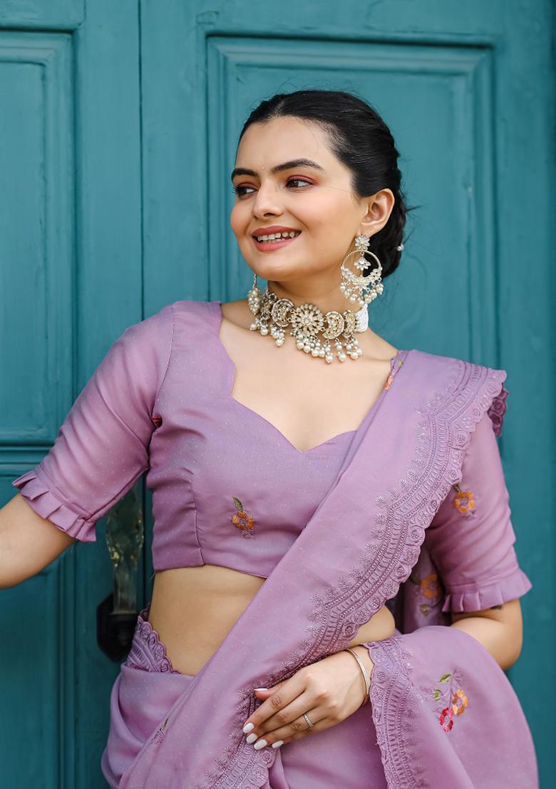Lavender Embroidered Cotton Saree Set