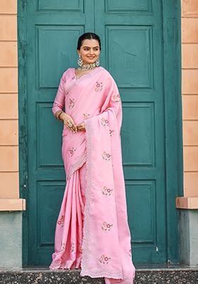 Pink Embroidered Cotton Saree Set
