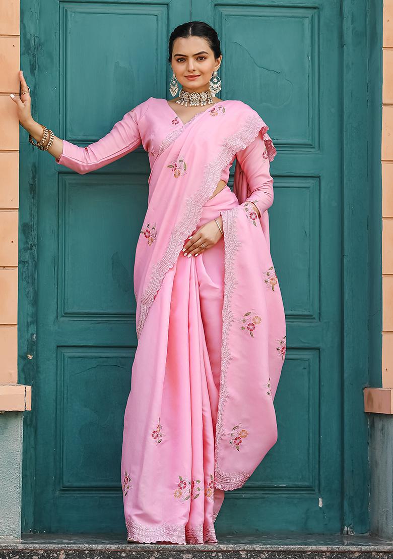 Pink Embroidered Cotton Saree Set