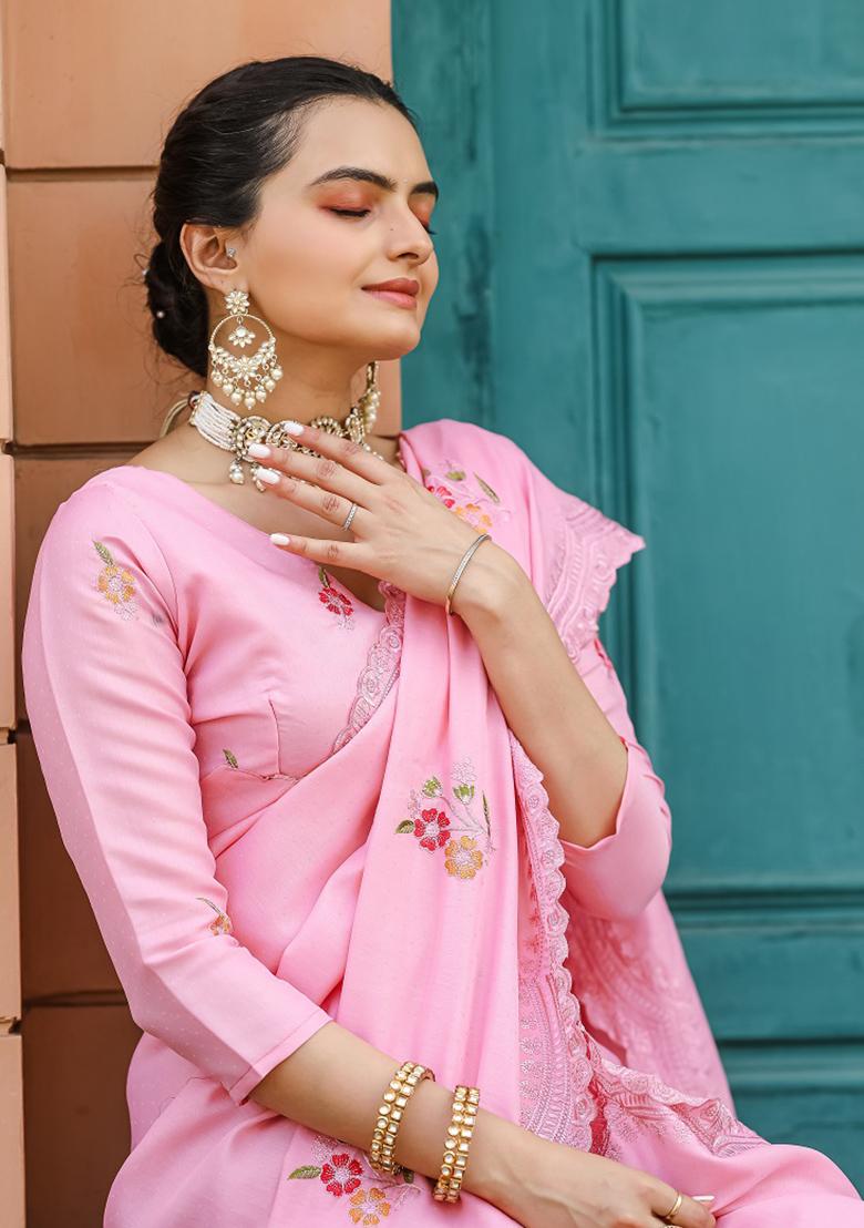 Pink Embroidered Cotton Saree Set