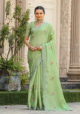 Pista Green Embroidered Cotton Saree Set