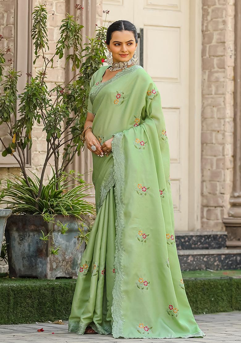 Pista Green Embroidered Cotton Saree Set