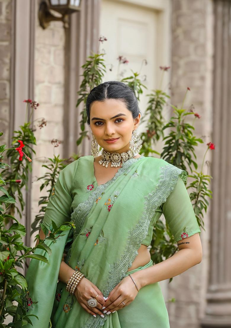 Pista Green Embroidered Cotton Saree Set