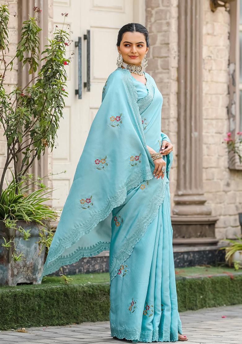 Sky Blue Embroidered Cotton Saree Set