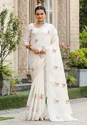 White Embroidered Cotton Saree Set