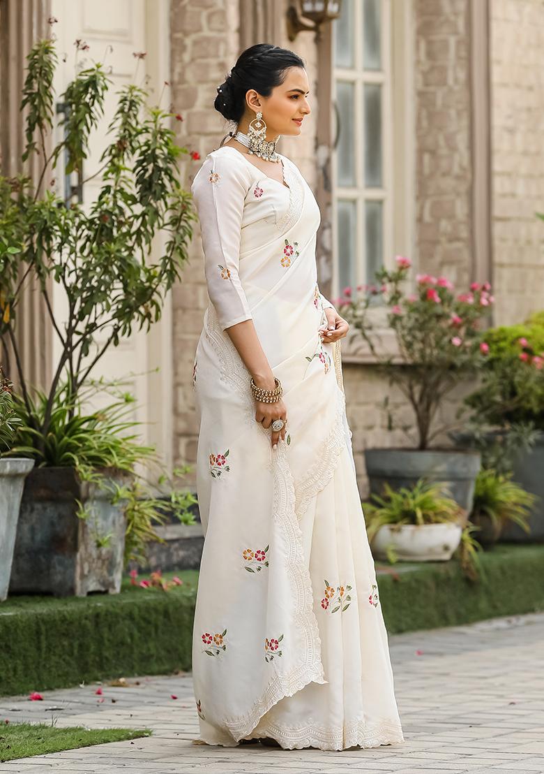 White Embroidered Cotton Saree Set