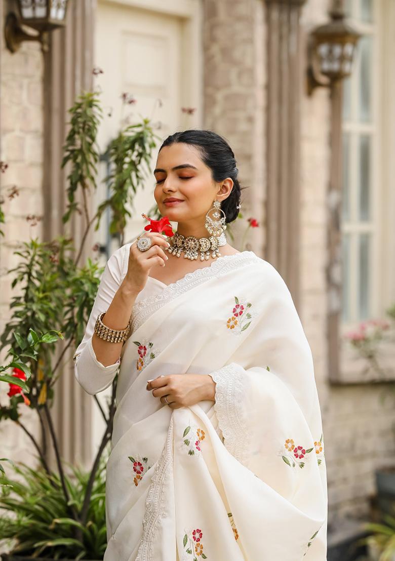 White Embroidered Cotton Saree Set