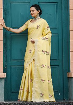 Yellow Embroidered Cotton Saree Set