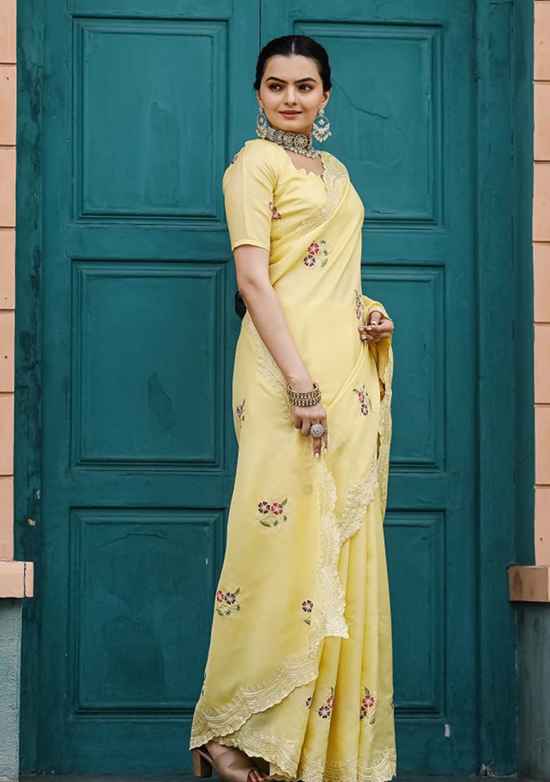 Yellow Embroidered Cotton Saree Set