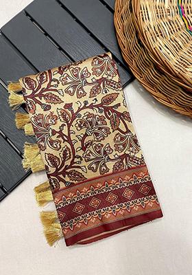 Cream Digital Print Silk Saree Set