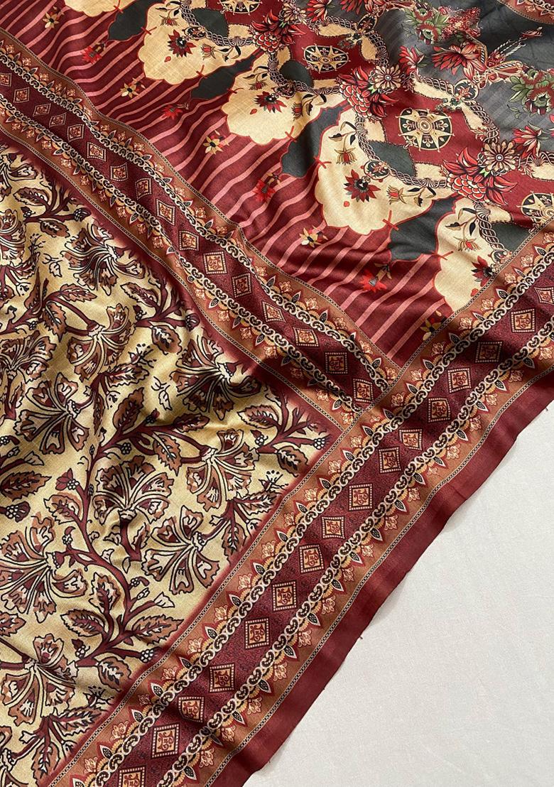 Cream Digital Print Silk Saree Set