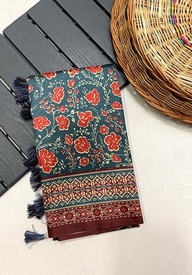 Denim Blue Digital Print Silk Saree Set