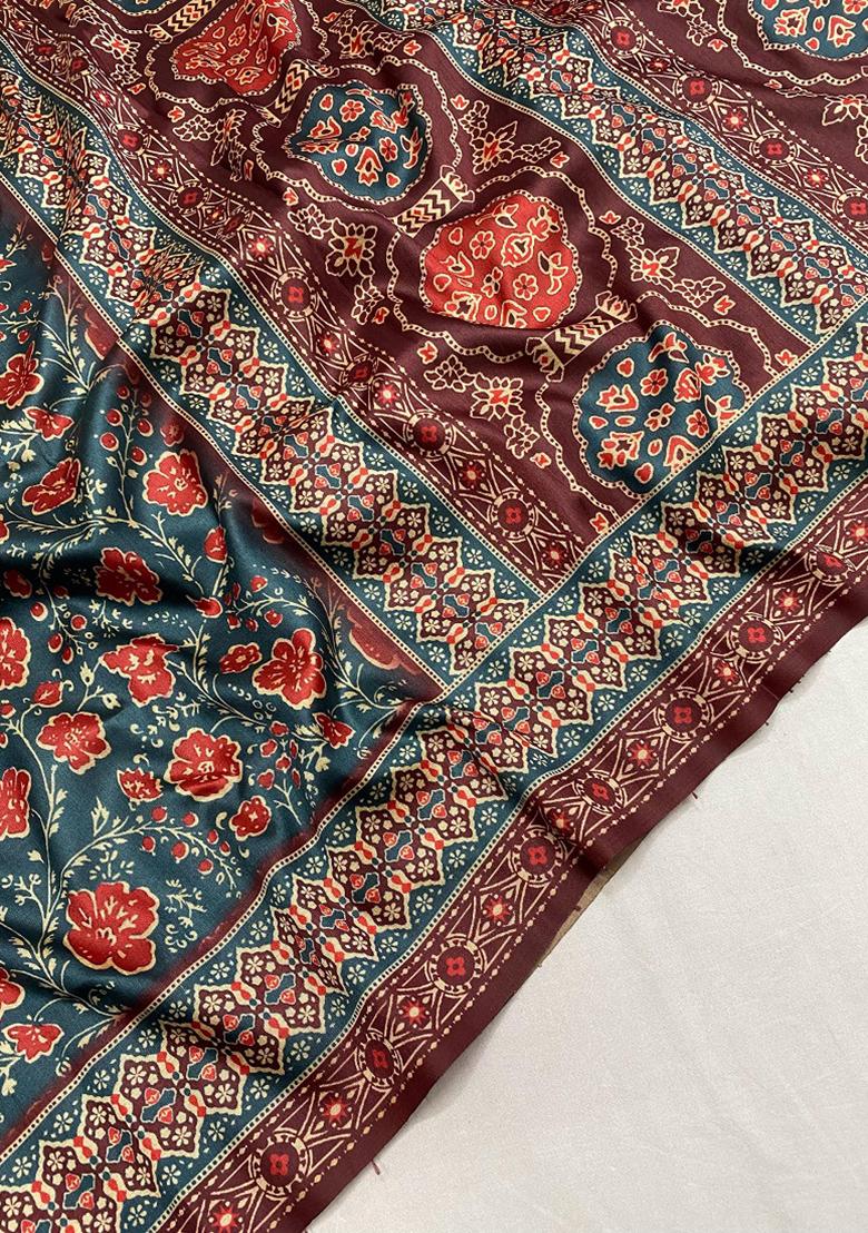 Denim Blue Digital Print Silk Saree Set