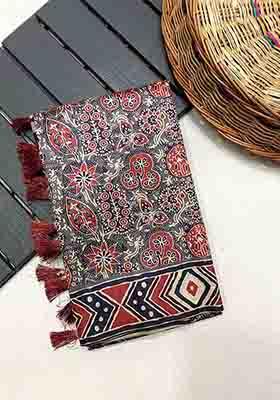 Grey Digital Print Silk Saree Set