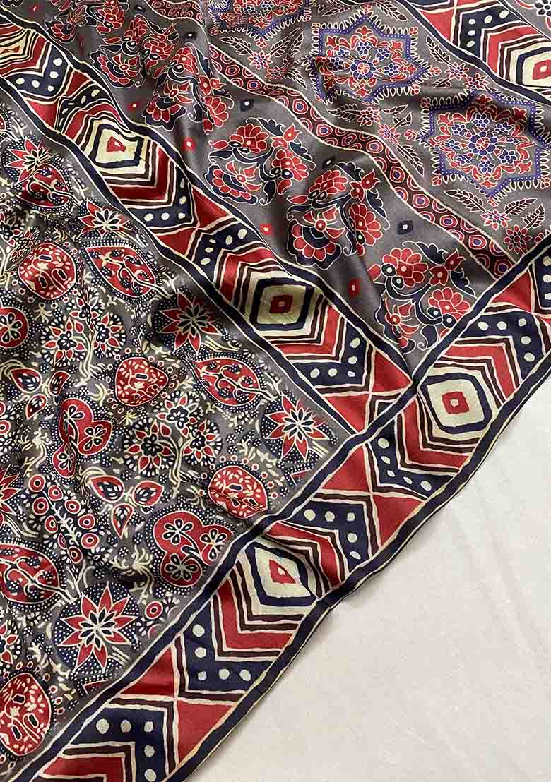 Grey Digital Print Silk Saree Set