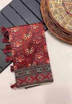 Red Digital Print Silk Saree Set