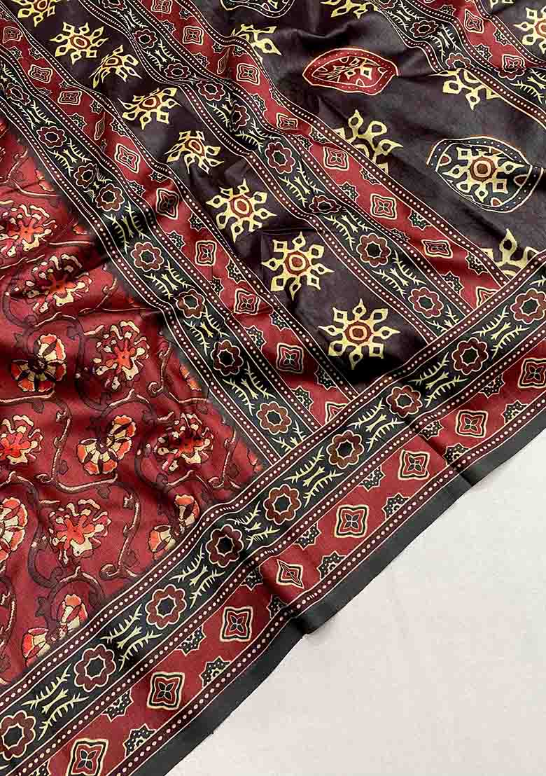 Red Digital Print Silk Saree Set