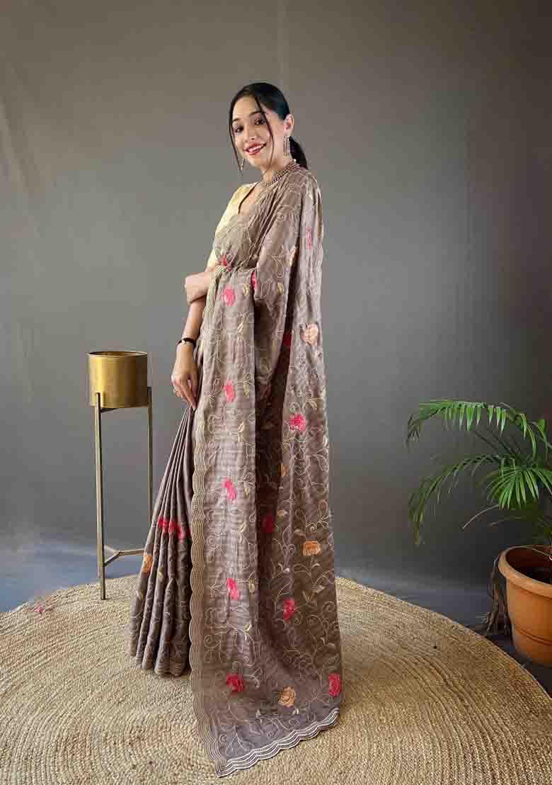 Brown Embroidered Tussar Silk Saree Set
