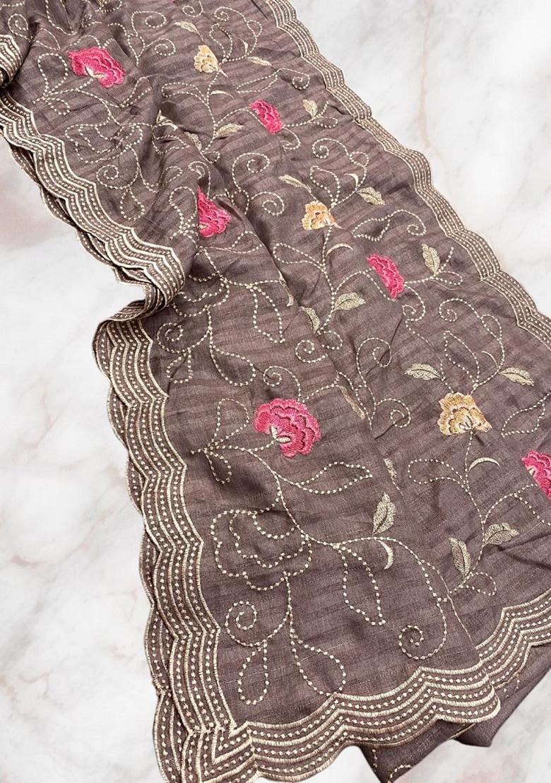 Brown Embroidered Tussar Silk Saree Set