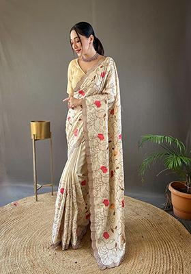 Cream Embroidered Tussar Silk Saree Set