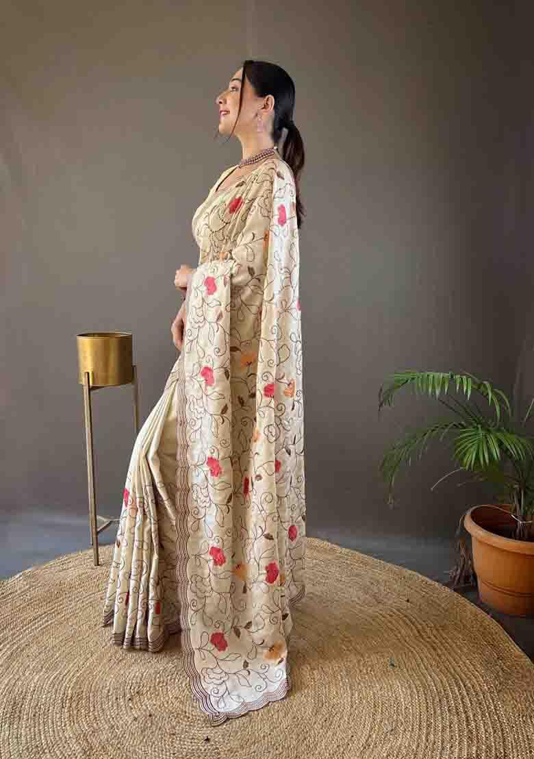 Cream Embroidered Tussar Silk Saree Set