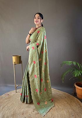 Green Embroidered Tussar Silk Saree Set