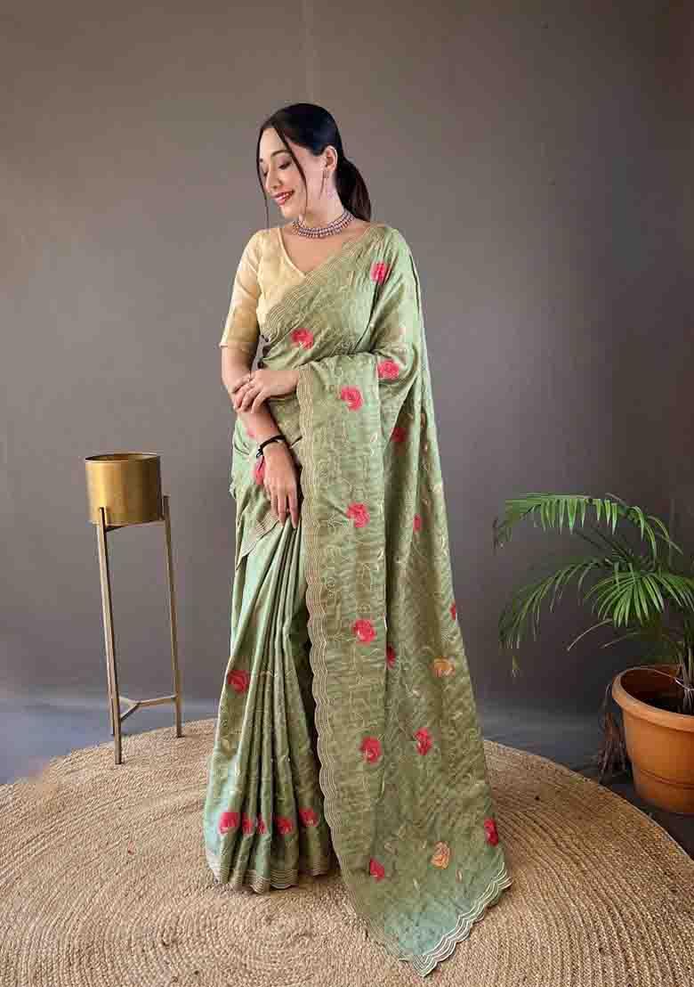 Green Embroidered Tussar Silk Saree Set