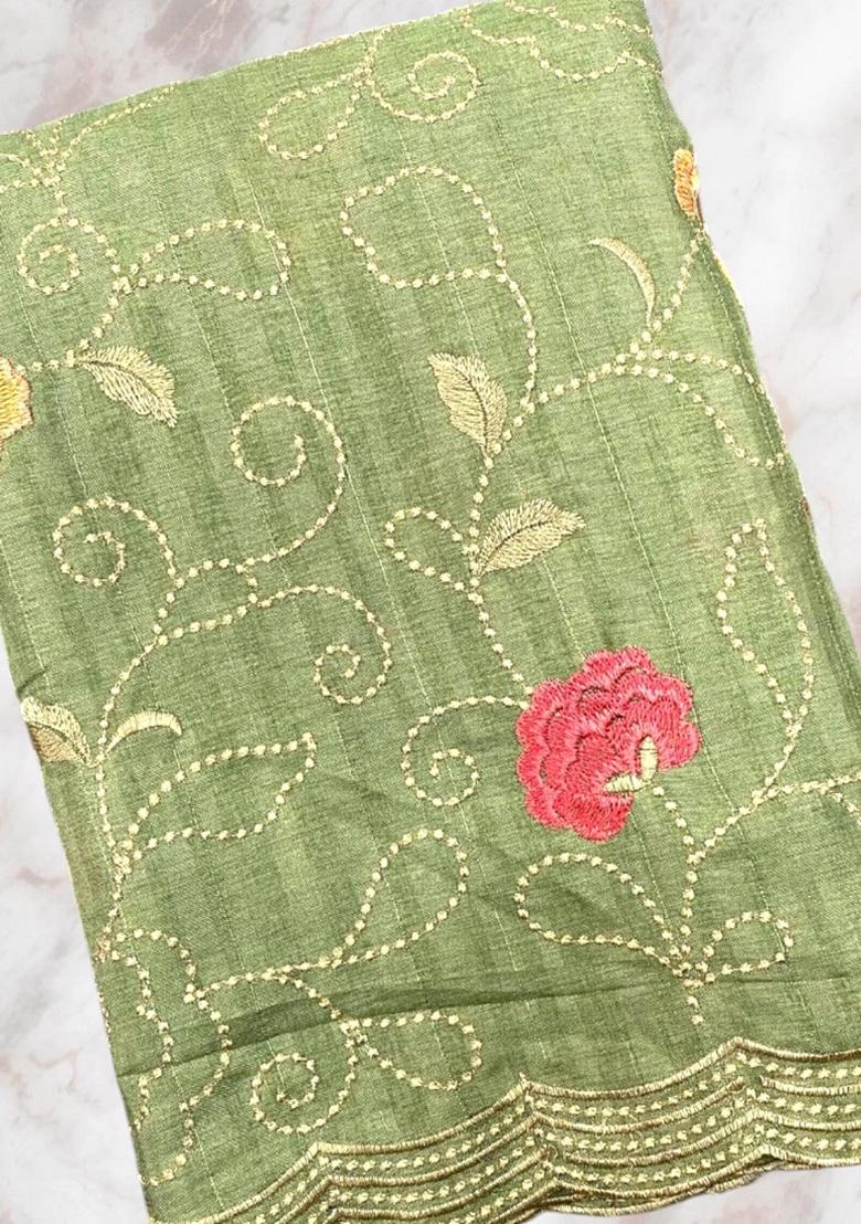 Green Embroidered Tussar Silk Saree Set