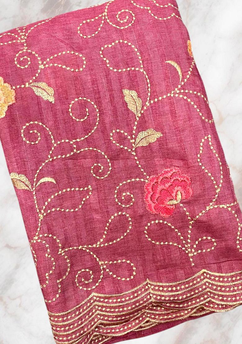 Lavender Embroidered Tussar Silk Saree Set