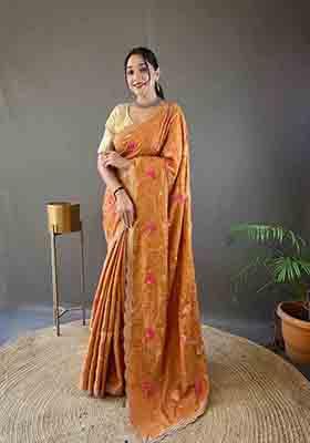 Orange Embroidered Tussar Silk Saree Set