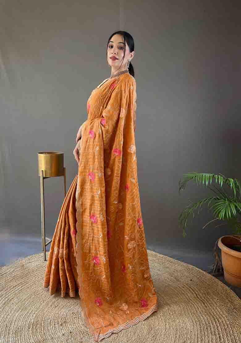 Orange Embroidered Tussar Silk Saree Set