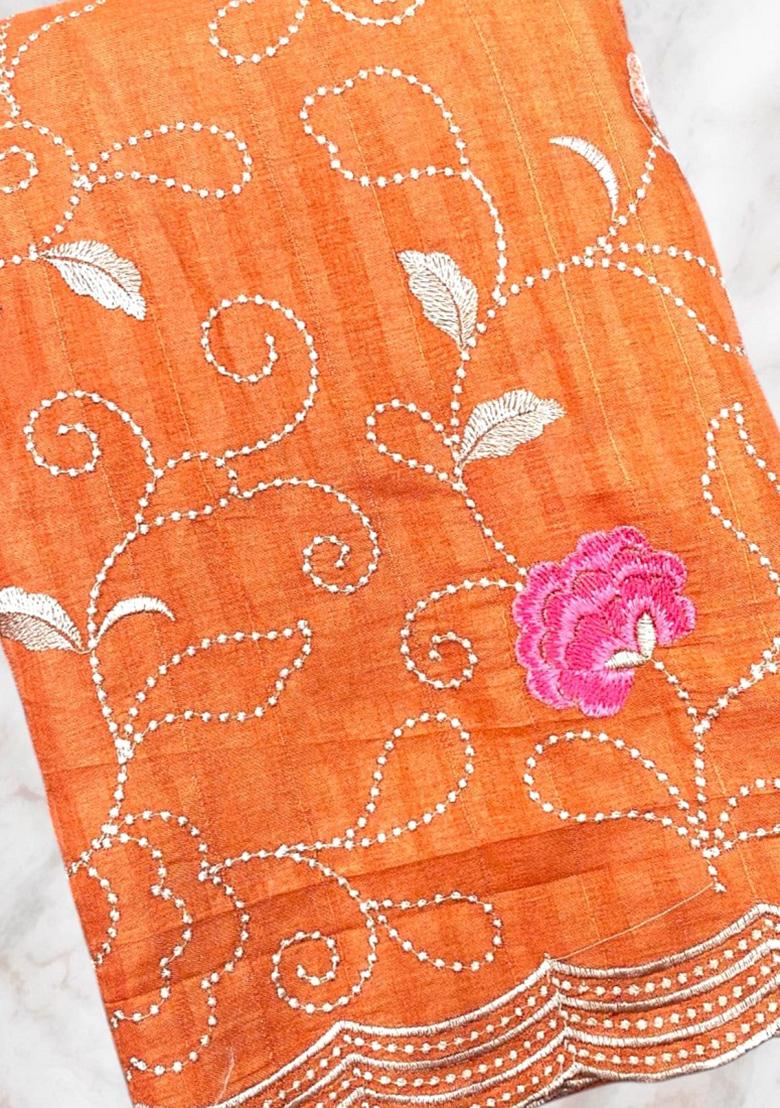 Orange Embroidered Tussar Silk Saree Set