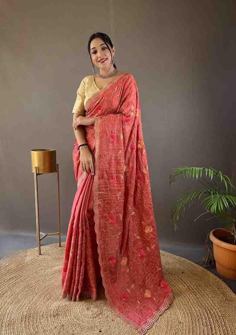 Pink Embroidered Tussar Silk Saree Set