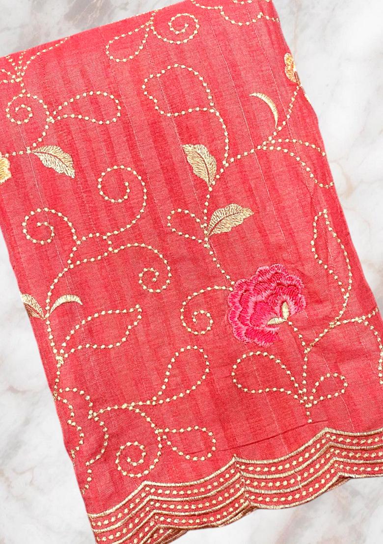 Pink Embroidered Tussar Silk Saree Set
