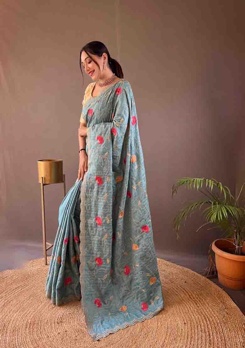 Sky Blue Embroidered Tussar Silk Saree Set