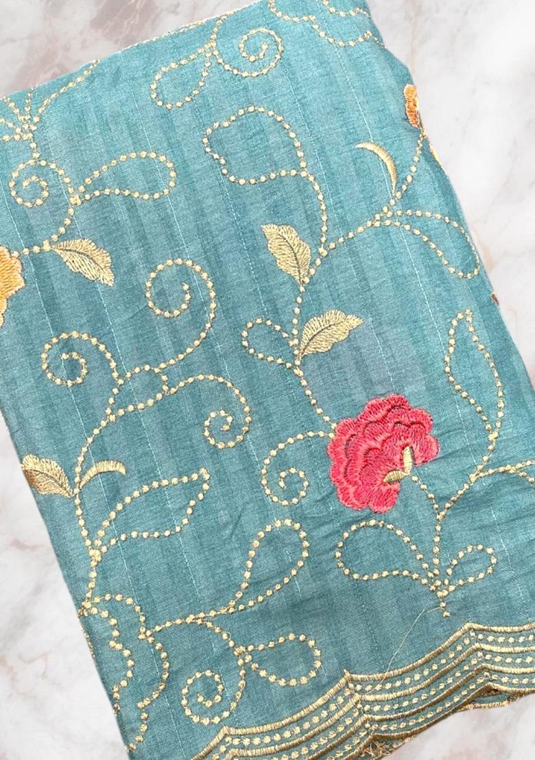 Sky Blue Embroidered Tussar Silk Saree Set
