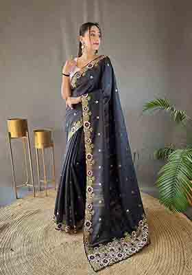 Black Embroidered Tussar Silk Saree Set
