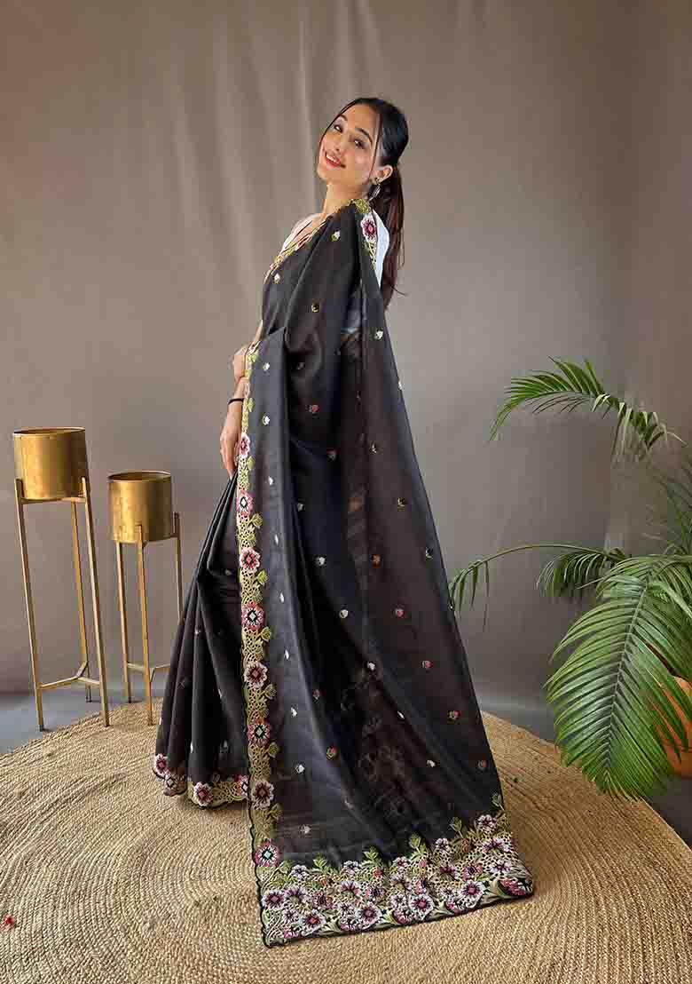 Black Embroidered Tussar Silk Saree Set
