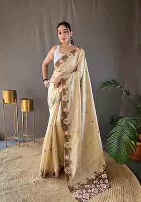 Cream Embroidered Tussar Silk Saree Set