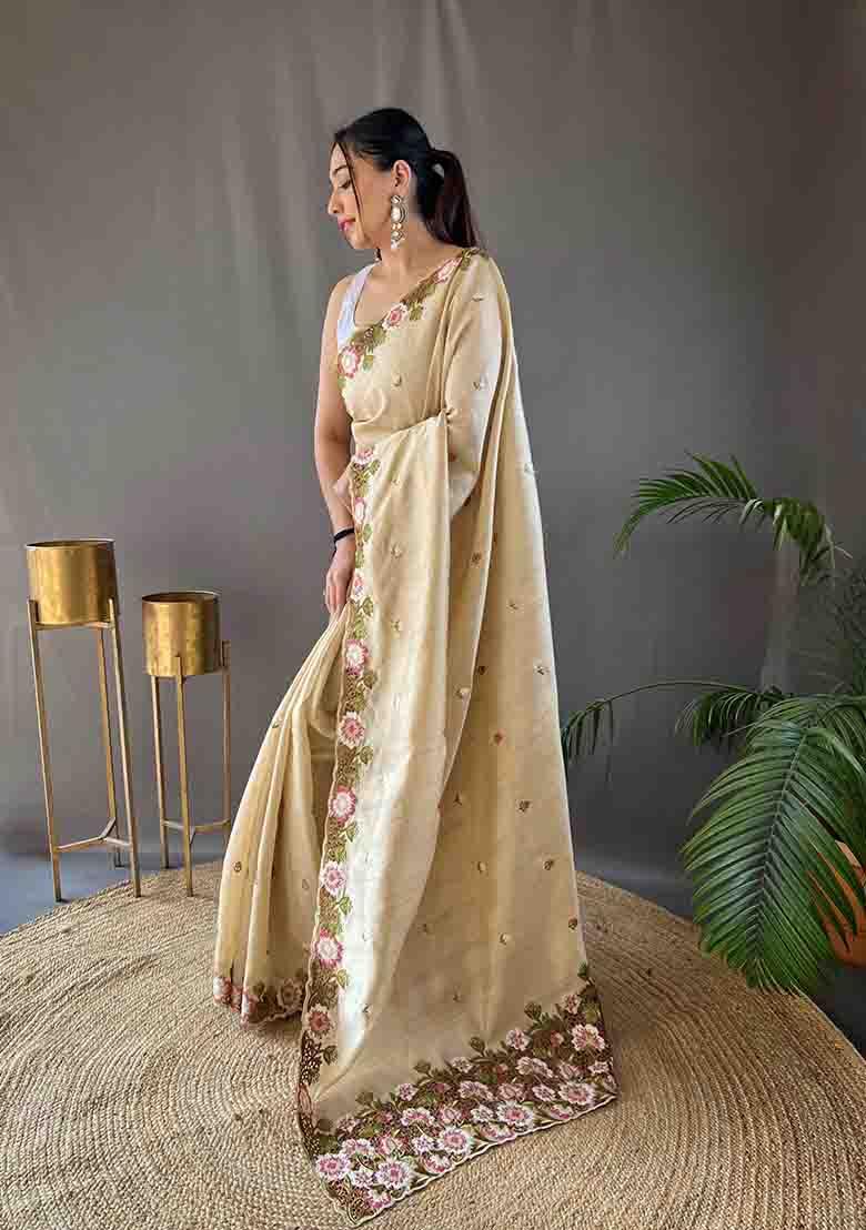 Cream Embroidered Tussar Silk Saree Set