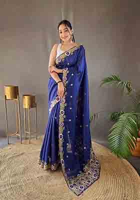 Navy Blue Embroidered Tussar Silk Saree Set