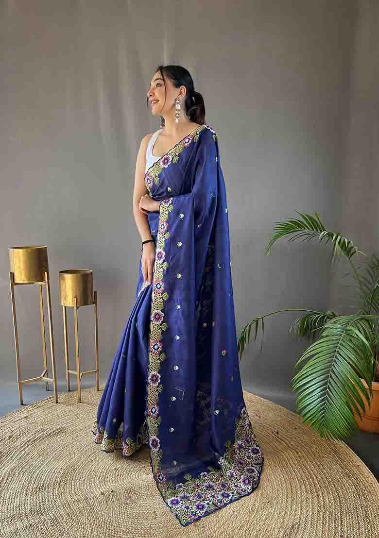 Navy Blue Embroidered Tussar Silk Saree Set