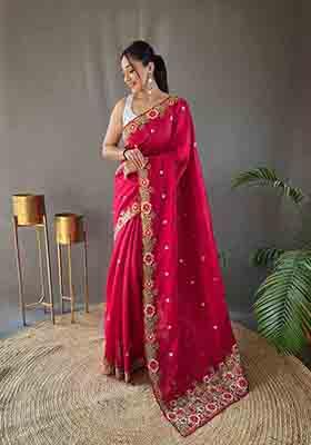 Pink Embroidered Tussar Silk Saree Set