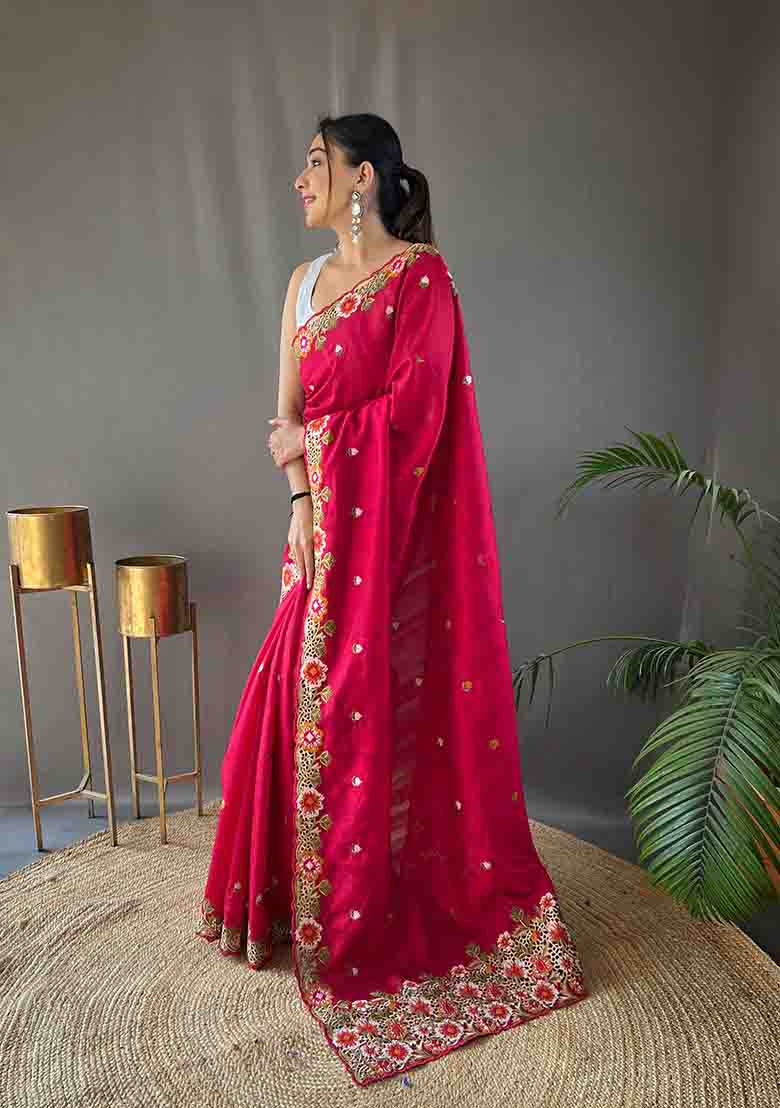 Pink Embroidered Tussar Silk Saree Set