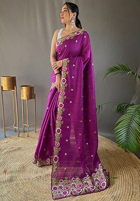 Purple Embroidered Tussar Silk Saree Set