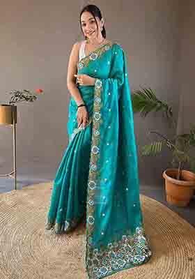 Rama Green Embroidered Tussar Silk Saree Set