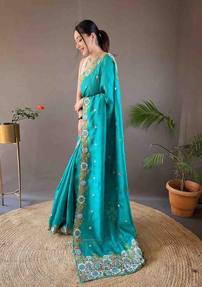 Rama Green Embroidered Tussar Silk Saree Set