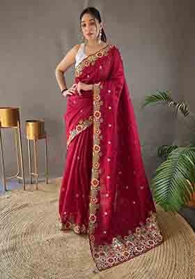 Red Embroidered Tussar Silk Saree Set