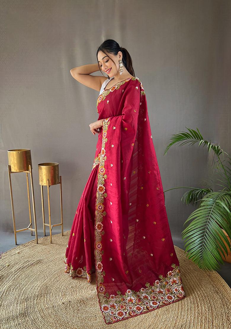 Red Embroidered Tussar Silk Saree Set