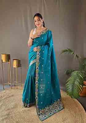 Sky Blue Embroidered Tussar Silk Saree Set
